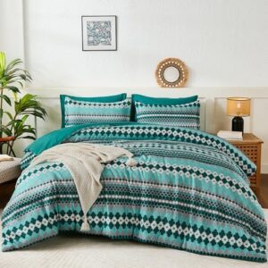 Dobuyly Boho Comforter Set Queen Size 7 Piece, Green Stripe Queen Bed in a Bag Set, Soft Mens Bedding Comforter Sets with Sheets, Pillowcases & Shams