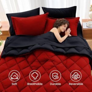 MUXHOMO 7 Pieces Queen Comforter Set, Reversible Bed in a Bag Queen Size, All Season Bedding Set with Comforter, Flat Sheet, Fitted Sheet, Pillowcases & Shams, Red & Black - Image 6
