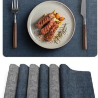 Faux Leather Vinyl Placemats Set of 6 Wipeable Heat Resistant Place Mats 100% Washable - Waterproof - Anti Slip Reversible Table Mats for Kitchen/Dining/Party, 12" x 16.5", Navy Blue & Dark Grey