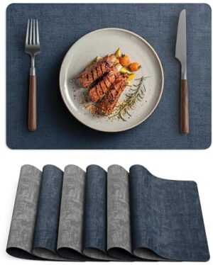 Faux Leather Vinyl Placemats Set of 6 Wipeable Heat Resistant Place Mats 100% Washable - Waterproof - Anti Slip Reversible Table Mats for Kitchen/Dining/Party, 12" x 16.5", Navy Blue & Dark Grey