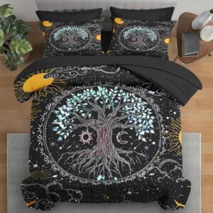 Comforter Set King Size, Trippy Hippie Tree of Life 7 Pcs Bedding for Kids and Adults, Sun and Moon Bohemian Bed Sheet Sets with Fitted Sheet 2 Pillowcase & 2 Sham for Bedroom Bed Decor