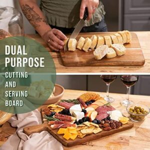 Acacia Wood Cutting Board and Chopping Board with Handle for Meat, Cheese Board, Vegetables, Bread, and Charcuterie - Decorative Wooden Serving Board for Kitchen and Dining Room, Large 17” x 13” - Image 2