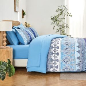 Boho Queen Comforter Set Blue - 7 Pieces Bed in a Bag Floral Striped Comforter and Sheet Set, Soft Microfiber Bohemian Bedding Sets Queen Size for All Season (Blue,Queen) - Image 5