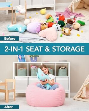 Huddle Original Stuffed Animal Bean Bag Storage Extra Large Designer Beanbag Chairs for Kids Teens & Adults | Instant Clutter Clear for Stylish Moms - Stuffed Animal Storage Bean Bag Pink Corduroy - Image 2