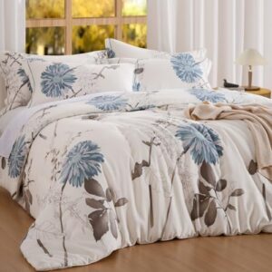 Botanical Comforter Queen Size Set-100% Cotton Fabric, Brown Branches and Blue Flowers Off-White Bedding Set, Lightweight and Soft Comforter Set, 3 Pcs(1 Comforter and 2 Pillow Shams) - Image 7