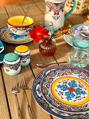 Euro Ceramica Zanzibar Collection 16 Piece Dinnerware Set Kitchen and Dining, Service for 4, Spanish Floral Design, Multicolor, Blue and Yellow - Image 7
