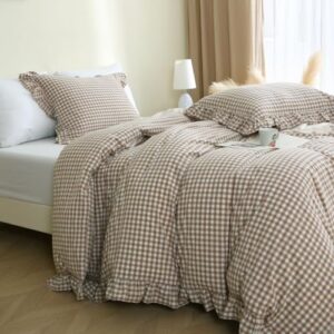 Taupe/White Plaid Ruffle Duvet Cover King Size,100% Washed Cotton 3 Pcs Vintage Checkered Chic Gingham Bedding Set Comforter Cover Set - Image 7