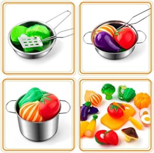 26PCS Play Kitchen Accessories, Kitchen Pretend Play Cooking Toys w/ Stainless Steel Cookware, Apron & Chef Hat,Pots and Pans Set, Cutting Foods, Great Learning Gifts for Toddler & Boys Girls - Image 4