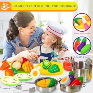 FUNERICA Toddler Kitchen Accessories Playset with Cutting Food Vegetables and Stainless-Steel Play Pots - Pretend Kids Cooking Utensils - Apron & Chef Hat - Toy Knife & Cutting Board for Girls & Boys - Image 3