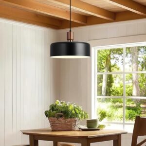 Modern Solid Wood Pendant Lights,13.8" Large Hammered Vintage Chandeliers,Black Finish Hanging Lighting Lamp,Industrial Drum Ceiling Light Fixtures for Dining Room,Kitchen Island, Farmhouse - Image 5