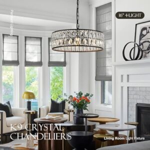 16” 4-Light Modern Crystal Chandeliers Black Dinning Room Light Fixture, Round Pendant Light Kitchen Island Chandelier, Flush Mount Ceiling Light for Living Room Entryway Bedroom Foyer - Image 4