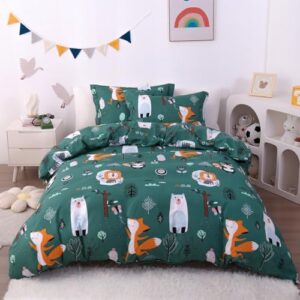 JSD Green Forest Animal Kids Duvet Cover Set Full Size, 3 Piece Soft Printed Microfiber Comforter Cover with Pillow Sham Zipper Closure, Comforter Not Included