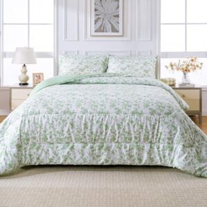 Printed Queen Comforter Set with Sheets, All Season Lightweight 7 Piece Bed in A Bag Comforter Set, Green Leaves Botanical Pattern Farmhouse Bedding Set