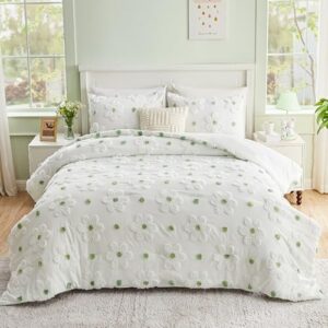 VIVILINEN Queen Size Comforter Sets for Girls Floral Bedding Cute Comforter with Tufted Daisies Flowers, Lightweight Queen Bed Set 3 Pieces for Kids Teen Girls Women, Green - Image 6