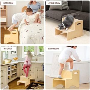 WOOD CITY Wooden Toddler Step Stool for Kids, Bathroom Potty Stool & Kitchen Stool, Natural Two Step Stool for Bedroom, Children's Stool with Handles and Safety Non-Slip Pads - Image 4