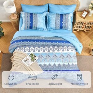 Boho Queen Comforter Set Blue - 7 Pieces Bed in a Bag Floral Striped Comforter and Sheet Set, Soft Microfiber Bohemian Bedding Sets Queen Size for All Season (Blue,Queen) - Image 2