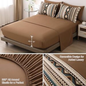 Dinjoy Brown Boho Comforter Set Queen Size,7 Pieces Bed in a Bag Queen Coffee Aztec Bedding Sets with Sheets Bohemian Geometric Striped Complete Set for Spring Summer 90"x90" - Image 3