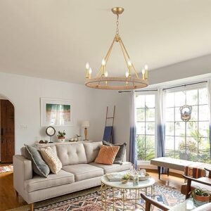 Gold Farmhouse Chandelier 8 Light Wagon Wheel Chandelier Modern Metal Round Pendant Lighting Fixture for Dining Room Entryway Island Living Room Kitchen - Image 3