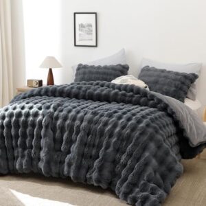 YIKUSH Fluffy Comforter Set Queen - Super Soft Dark Grey Faux Fur Comforter Bed Set, Warm Fuzzy Bedding Set for Winter (1 Comforter, 2 Pillowcases) - Image 4