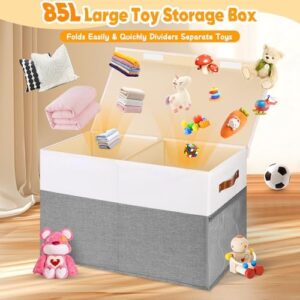 Large Toy Box, Collapsible Sturdy Storage Chest With Lids, Kids Toy Chest Storage Organizer Toddler Bin Boxes for Living Room, Bedroom, Nursery, 25"x13"x16", White & Gray - Image 2