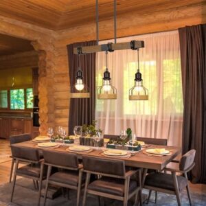 3-Light Dining Room Light Fixture Over Table Chandelier Rustic, Solid Wood Kitchen Island Lighting Fixture Ceiling Linear Dining Ceiling Mount Lamp Modern Metal Lampshade Dining Pendant Light - Image 5