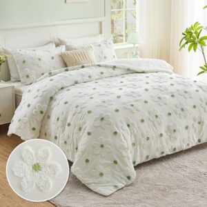 VIVILINEN Queen Size Comforter Sets for Girls Floral Bedding Cute Comforter with Tufted Daisies Flowers, Lightweight Queen Bed Set 3 Pieces for Kids Teen Girls Women, Green - Image 2