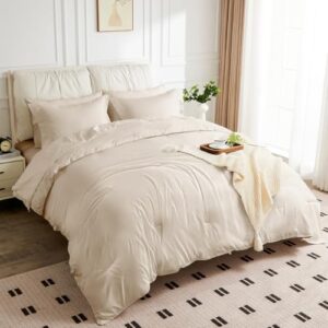 JOKOLO Queen Size Comforter Set - 3 Pieces, 1 Reversible Lightweight Comforter and 2 Pillowcases,Soft Quilt Blanket Warm Fluffy Cooling Bedding for All Season,Beige