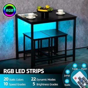 Finnhomy 3-Piece Dining Table Set, Small Kitchen Table with 2 Chairs, LED Light and USB Type-C Power Outlet, Space-Saving Design for Dining Room, Living Room, Apartment, Rustic Black - Image 5