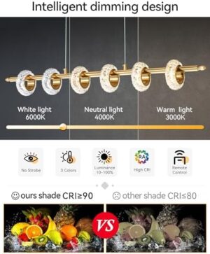 Dimmable Modern LED Chandelier with Remote Control, Crystal Dining Room Light Fixtures Over Table, 3000K-6500K Gold Linear Pendant Light for Kitchen Island - Image 5