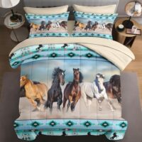 5 Pcs Twin Size Comforter Set with Pillowcase & Sham, Horses Desert Animal Bedding for Kids and Adults, Tribal Farm Sunset Run Bed in a Bag with Flat Fitted Sheet