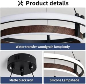 Modern LED Pendant Light 2 Ring Contemporary Chandelier Black and Wooden Hanging Light Fixture for Kitchen Dining Room Bedroom Entryway Living Room Staircase. - Image 5