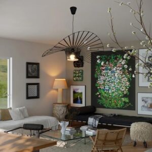 Modern Black Woven Chandelier, 31.5" Farmhouse Coastal Hat Pendant Light Fixtures Matte Black Handwoven Shade Boho Pendant Hanging Lamp for Kitchen Dining Room Bedroom Foyer Hallway - Image 2