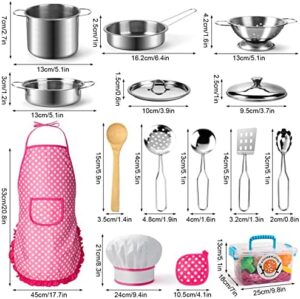 26PCS Play Kitchen Accessories, Kitchen Pretend Play Cooking Toys w/ Stainless Steel Cookware, Apron & Chef Hat,Pots and Pans Set, Cutting Foods, Great Learning Gifts for Toddler & Boys Girls - Image 7