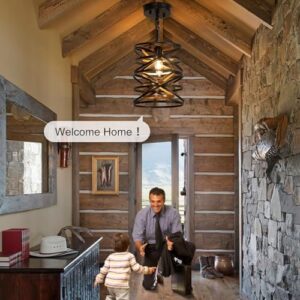 Farmhouse Pendant Light: Industrial Pendant Lights Kitchen Island - Small Rustic Metal Cage Drum Chandelier for Dining Room Over Table Lighting - Black with Retro Wood Texture E26 Base - Image 4