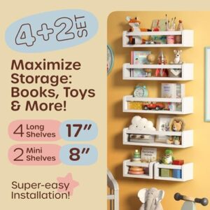 Floating Nursery Book Shelves for Wall Set of 4+2, Wall Bookshelf for Kids Room, Toys & Books Display, Nursery Decor Storage, Book Shelf for Kids Rooms Hanging Bookshelf (6-in-1 White) - Image 3