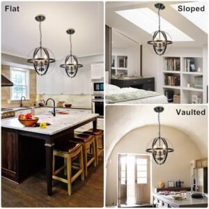 DLLT Vintage Pendant Hanging Light Fixtures, Flush Mount Ceiling Chandelier Lamp with Metal Spherical Shade for Kitchen, Dining Room, Living Room, Hallway, Entryway 3-Light, E12 Base-Matte Black - Image 7