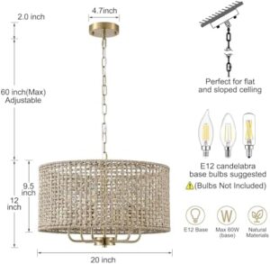 20" Rattan Hand-Woven Boho Chandelier for Dining Room, 6-Light Rattan Drum Wicker Farmhouse Chandelier Large Vintage Chandelier Pendant Light Fixture for Kitchen Island Entryway(Gold) - Image 2