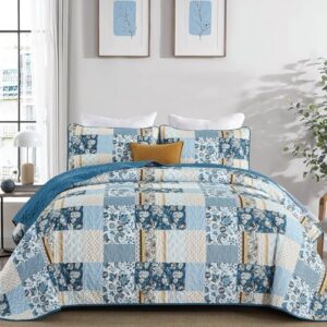 WONGS BEDDING Quilt Set King Size Blue, 3 Pieces Patchwork Plaid Bedspread Coverlet Set, Floral Soft Lightweight Microfiber Bedding Set for All Season(104"×90“) - Image 2