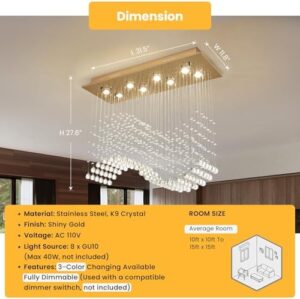 Siljoy Modern Crystal Chandelier Gold Rectangular Wave Raindrop Chandelier 8 Lights Rectangle Flush Mount Ceiling Light Pendant Light Fixture for Dining Room Living Room Kitchen Island L31.5'' - Image 9
