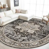 RUUGME Washable 9ft Round Rug - Large Boho Rugs for Living Room Stain Resistant Carpet Vintage Tribal Rugs for Bedroom Kitchen Dining Room with Non Slip Backing Decor Floor Mat 9ft Black