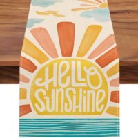 Seliem Hello Sunshine Spring Summer Table Runner, Sun Cloud Bird Sea Kitchen Dining Table Decor, Seasonal Burlap Home Decoration Indoor Outdoor Party Supply 13 x 90 Inch