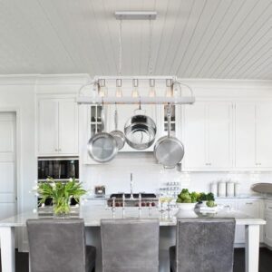 WUZUPS 5-Light Metal Pot Hanging Rack Chandelier Linear Pendant Ceiling Lighting Rustic Farmhouse Fixture Kitchen Island Dining Room, H 9.8" L 34.6" W11.8, E26 Base, Brushed Nickel - Image 7