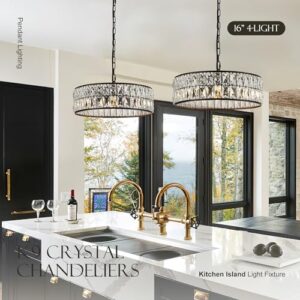 16” 4-Light Modern Crystal Chandeliers Black Dinning Room Light Fixture, Round Pendant Light Kitchen Island Chandelier, Flush Mount Ceiling Light for Living Room Entryway Bedroom Foyer - Image 5