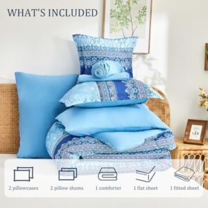Boho Queen Comforter Set Blue - 7 Pieces Bed in a Bag Floral Striped Comforter and Sheet Set, Soft Microfiber Bohemian Bedding Sets Queen Size for All Season (Blue,Queen) - Image 7