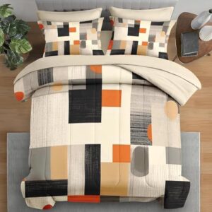 Comforter Set Queen Size, Geometric Painting Contemporary 7 Pcs Bedding for Kids and Adults, Orange Gray Bed Sheet Sets with Fitted Sheet 2 Pillowcase & 2 Sham for Bedroom Bed Decor