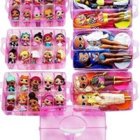 HOME4 No BPA 60 Adjustable Compartments 6 Layers Stackable Storage Container Organizer Carrying Display Case, Compatible with Surprise Small Toys Lol, Shopkins, Omg barbie (Dolls Not Included) (Pink)
