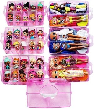 HOME4 No BPA 60 Adjustable Compartments 6 Layers Stackable Storage Container Organizer Carrying Display Case, Compatible with Surprise Small Toys Lol, Shopkins, Omg barbie (Dolls Not Included) (Pink)