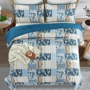 WONGS BEDDING Quilt Set King Size Blue, 3 Pieces Patchwork Plaid Bedspread Coverlet Set, Floral Soft Lightweight Microfiber Bedding Set for All Season(104"×90“) - Image 3