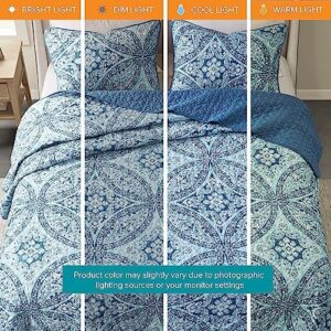 Comfort Spaces Reversible Quilt Set-Vermicelli Stitching Design All Season, Lightweight, Coverlet Bedspread Bedding, Matching Shams, Full/Queen (90 in x 90 in), Gloria Damask Aqua 3 Piece - Image 3