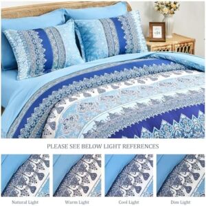 Boho Queen Comforter Set Blue - 7 Pieces Bed in a Bag Floral Striped Comforter and Sheet Set, Soft Microfiber Bohemian Bedding Sets Queen Size for All Season (Blue,Queen) - Image 6